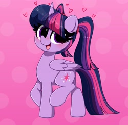 Size: 3639x3567 | Tagged: safe, artist:kittyrosie, twilight sparkle, twilight sparkle (alicorn), alicorn, pony, abstract background, alternate hairstyle, blushing, cute, female, heart, high res, looking at you, mare, open mouth, pigtails, raised hoof, smiling, solo, twiabetes, twintails