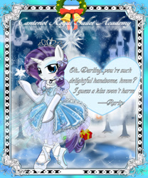 Size: 2236x2683 | Tagged: safe, artist:avchonline, derpibooru import, rarity, anthro, unicorn, ballerina, ballet, ballet slippers, bells, blushing, bow, canterlot royal ballet academy, card, christmas, christmas card, christmas present, christmas tree, clothes, dialogue, en pointe, engrish, frills, gloves, heart, holiday, jewelry, long gloves, mistletoe, necklace, puffy sleeves, raririna, ribbon, snow, snowflake, tiara, tree, tutu, tututiful, winter, wreath