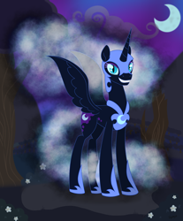 Size: 2290x2767 | Tagged: safe, artist:dyonys, derpibooru import, nightmare moon, alicorn, armor, ethereal mane, female, flower, full body, grin, horn, mare, moon, night, smiling, solo, spread wings, wings