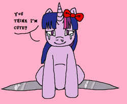 Size: 662x543 | Tagged: safe, artist:theedgyduck, derpibooru import, twilight sparkle, unicorn twilight, unicorn, 1000 hours in ms paint, bow, bronybait, crying, dialogue, female, looking at you, mare, scissor blade, scissor twilight, sitting, solo, talking, talking to viewer, tears of joy