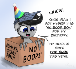 Size: 2000x1799 | Tagged: safe, artist:chopsticks, derpibooru import, oc, oc:chopsticks, pegasus, pony, birthday, box, cheek fluff, chest fluff, dialogue, famous last words, hat, non-consensual booping, party hat, pony in a box, sitting, solo, text, this will end in boops, wing hands, wings