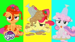 Size: 1280x720 | Tagged: safe, derpibooru import, apple bloom, scootaloo, sweetie belle, one bad apple, babs seed song, cutie mark crusaders, food, milkshake, tomato, tongue out