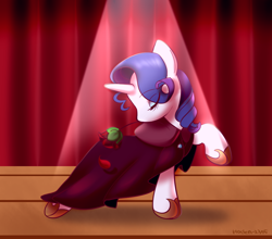 Size: 1024x900 | Tagged: safe, artist:haden-2375, derpibooru import, rarity, pony, unicorn, clothes, eyes closed, female, flower, mare, mouth hold, rose, shoes, spotlight