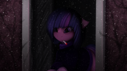 Size: 2138x1189 | Tagged: safe, artist:batsdisaster, derpibooru import, twilight sparkle, pony, alternate hairstyle, cigarette, clothes, female, mare, missing horn, purple eyes, smoking, snow, snowflake, solo