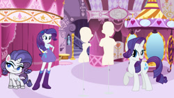 Size: 1024x582 | Tagged: safe, derpibooru import, edit, edited screencap, editor:mario101, screencap, rarity, pony, unicorn, equestria girls, spoiler:pony life, carousel boutique