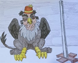 Size: 1023x832 | Tagged: artist needed, safe, derpibooru import, grampa gruff, griffon, drawing, eye scar, eyes closed, festivus, fez, folded wings, hat, male, pole, scar, seinfeld, sitting, solo, traditional art, wings