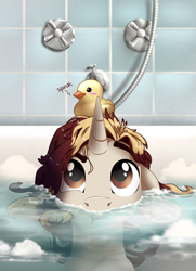 Size: 1300x1794 | Tagged: safe, artist:28gooddays, derpibooru import, oc, oc only, pony, unicorn, bath, commission, rubber duck, solo, ych result