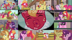 Size: 1978x1113 | Tagged: safe, derpibooru import, edit, edited screencap, editor:quoterific, screencap, apple bloom, big macintosh, dear darling, feather bangs, fond feather, scootaloo, sugar belle, sweetie belle, swoon song, hard to say anything, bimbettes, cutie mark crusaders, female, glamor trot, male, shipping, smooth vibes, straight, sugarmac