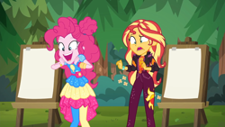 Size: 1334x750 | Tagged: safe, derpibooru import, screencap, pinkie pie, sunset shimmer, better together, equestria girls, sunset's backstage pass!, scared
