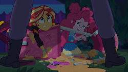 Size: 1334x750 | Tagged: safe, derpibooru import, screencap, pinkie pie, sunset shimmer, better together, equestria girls, sunset's backstage pass!, scared