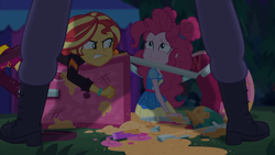 Size: 1334x750 | Tagged: safe, derpibooru import, screencap, pinkie pie, sunset shimmer, better together, equestria girls, sunset's backstage pass!, angry