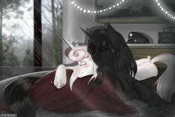 Size: 4096x2736 | Tagged: safe, artist:besomb1tch, derpibooru import, oc, unicorn, black and white, cute, female, forest, full body, garland, grayscale, house, love, male, monochrome, plaid, rain