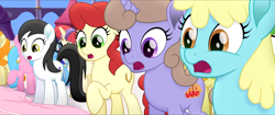 Size: 1920x808 | Tagged: safe, derpibooru import, screencap, bunny moon, marmalade jalapeno popette, minuette, moondancer, earth pony, pony, unicorn, my little pony: the movie, spoiler:my little pony the movie, apple family member, background pony, caramel apple, female, mare, raised hoof, unnamed character, unnamed pony