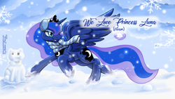 Size: 1200x675 | Tagged: safe, artist:sonicsweeti, derpibooru import, princess luna, alicorn, pony, clothes, collar, commission, crown, cutie mark, digital art, female, headset, hooves, horn, jewelry, mare, regalia, scarf, snow, snowball, snowfall, snowflake, snowman, solo, spread wings, tail, text, wings