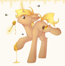 Size: 2055x2076 | Tagged: safe, artist:jennyberry, derpibooru import, oc, oc only, bee, insect, pony, unicorn, food, honey, magic, raised hoof, raised leg, telekinesis