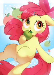 Size: 924x1286 | Tagged: safe, artist:nendo, derpibooru import, apple bloom, pony, adorabloom, apple, cute, food, solo