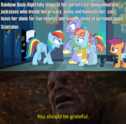 Size: 2000x1966 | Tagged: safe, derpibooru import, edit, edited screencap, screencap, bow hothoof, rainbow dash, scootaloo, windy whistles, pegasus, pony, parental glideance, angry, avengers: endgame, bags under eyes, burn marks, camera, caption, clothes, facial hair, family, father and child, father and daughter, female, filly, freckles, image macro, locker room, male, mare, meme, mohawk, mother and child, mother and daughter, multicolored mane, multicolored tail, op has issues, op is a cuck, op is trying to start shit, open mouth, parent and child, poster, scared, shirt, stallion, text, thanos