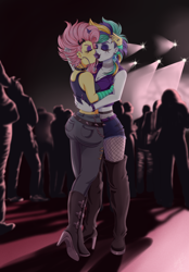Size: 3000x4300 | Tagged: safe, artist:lucy-tan, derpibooru import, fluttershy, rarity, equestria girls, alternate hairstyle, ass, belt, boots, breasts, butt, choker, cleavage, clothes, commission, ear piercing, earring, eyes closed, eyeshadow, female, fishnets, flarity, flutterbutt, flutterpunk, french kiss, high heel boots, hug, jacket, jeans, jewelry, kissing, leather jacket, lesbian, lipstick, makeup, midriff, nightclub, open mouth, pants, piercing, punk, raripunk, ring, shipping, shoes, shorts, spiked choker, spiked wristband, stockings, tanktop, thigh highs, wristband