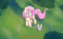 Size: 1284x794 | Tagged: safe, artist:musicfirewind, derpibooru import, angel bunny, fluttershy, pegasus, pony, rabbit, animal, cute, duo, female, folded wings, grass, head turned, looking at each other, looking at someone, mare, outdoors, shyabetes, smiling, standing, subtitles, windswept mane, windswept tail, wings