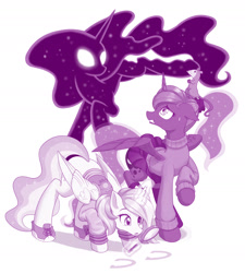 Size: 1280x1422 | Tagged: safe, artist:dstears, derpibooru import, princess celestia, princess luna, tantabus, tiberius, alicorn, opossum, pony, clothes, converse, digital art, female, investigation, looking back, mare, monochrome, newbie artist training grounds, royal sisters, shoes, siblings, simple background, sisters, white background
