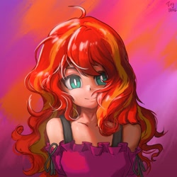 Size: 2048x2048 | Tagged: safe, artist:tinybenz, derpibooru import, sunset shimmer, equestria girls, beautiful, cute, female, high res, human coloration, messy hair, shimmerbetes, shoulderless, solo