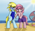 Size: 3200x2800 | Tagged: safe, artist:vipy, derpibooru import, pinkie pie, oc, oc only, oc:cloud cuddler, oc:sweet haze, earth pony, pony, beach, clothes, glasses, holding hooves, mouse cursor, ocean, sun, swimming trunks, swimsuit, towel, umbrella
