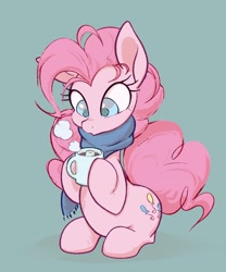 Size: 1704x2048 | Tagged: safe, artist:noupu, derpibooru import, pinkie pie, earth pony, pony, chocolate, clothes, colored pupils, cute, diapinkes, female, food, green background, hot chocolate, mare, marshmallow, mug, scarf, simple background, sitting, solo