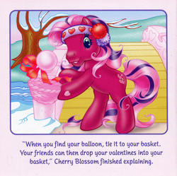 Size: 700x697 | Tagged: safe, artist:lyn fletcher, derpibooru import, cherry blossom (g3), g3, basket, bridge, dexterous hooves, headband, river, snow, stream, streamers, tree, valentine's day up up and away