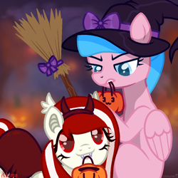 Size: 1000x1000 | Tagged: artist needed, safe, derpibooru import, oc, oc:electric television, oc:lollipopsocks, earth pony, pegasus, bow, broom, clothes, costume, demon horns, fangs, halloween, halloween costume, hat, holiday, pumpkin, witch hat