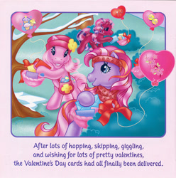 Size: 700x705 | Tagged: safe, artist:lyn fletcher, derpibooru import, cherry blossom (g3), pinkie pie (g3), twinkle twirl, pony, g3, bag, balloon, basket, card, clothes, flower in hat, hat, headband, letter, scarf, scrunchie, snow, streamers, tree, valentine's day up up and away