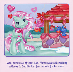 Size: 700x693 | Tagged: safe, artist:lyn fletcher, derpibooru import, minty, bird, pony, g3, balloon, basket, card, clothes, envelope, letter, sad, scarf, streamers, valentine's day up up and away, well