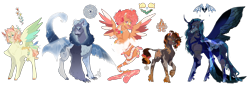 Size: 2500x853 | Tagged: safe, artist:bunnari, derpibooru import, oc, oc only, oc:coral carmel, oc:dreameater, oc:lesedi, oc:swift skylark, oc:zodiac, changepony, hybrid, pegasus, pony, unicorn, female, interspecies offspring, magical lesbian spawn, male, mare, next generation, offspring, parent:discord, parent:fluttershy, parent:nightmare moon, parent:pinkie pie, parent:princess luna, parent:princess skystar, parent:queen chrysalis, parent:rainbow dash, parent:sunset shimmer, parent:zecora, parents:chrysmoon, parents:flutterdash, parents:lunacord, parents:skypie, parents:suncora, simple background, stallion, transparent background