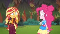 Size: 1334x750 | Tagged: safe, derpibooru import, screencap, pinkie pie, sunset shimmer, better together, equestria girls, sunset's backstage pass!