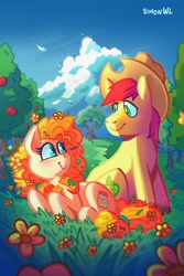 Size: 723x1080 | Tagged: safe, artist:simondrawsstuff, derpibooru import, bright mac, pear butter, earth pony, pony, apple, apple tree, brightbutter, eye contact, featured image, female, flower, intertwined tails, looking at each other, male, mare, pear tree, shipping, sitting, smiling, stallion, straight, tail, tree