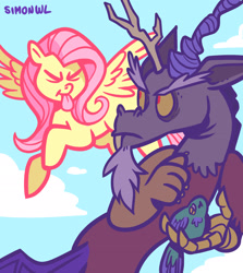 Size: 1828x2047 | Tagged: safe, artist:simondrawsstuff, derpibooru import, discord, fluttershy, bird, pegasus, pony, duo, personality swap, tongue out