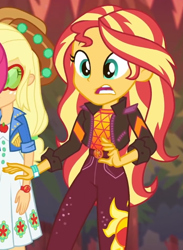 Size: 482x657 | Tagged: safe, derpibooru import, screencap, applejack, pinkie pie, sunset shimmer, better together, equestria girls, sunset's backstage pass!, cropped