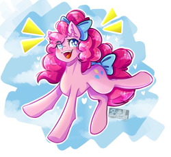 Size: 1077x985 | Tagged: safe, artist:lisagamer456, derpibooru import, pinkie pie, earth pony, pony, alternate hairstyle, bow, cloud, colored pupils, cute, diapinkes, ear fluff, ears, female, hair bow, heart, heart eyes, mare, open mouth, sky, solo, tail bow, wingding eyes