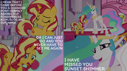 Size: 2000x1125 | Tagged: safe, derpibooru import, edit, edited screencap, editor:quoterific, screencap, princess celestia, sunset shimmer, twilight sparkle, alicorn, pony, unicorn, better together, equestria girls, forgotten friendship, forgiveness, heartwarming