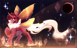 Size: 3000x1852 | Tagged: safe, artist:koveliana, derpibooru import, oc, oc only, oc:flechette, changeling, hybrid, moth, mothling, original species, eye clipping through hair, looking at you, raised hoof, red changeling, simple background, smiling, solo