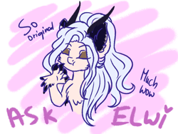 Size: 1400x1050 | Tagged: safe, artist:minelvi, derpibooru import, oc, oc only, oc:elwi, anthro, hybrid, abstract background, ask, bust, chest fluff, eyes closed, female, horns, smiling, solo