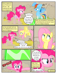 Size: 612x792 | Tagged: safe, artist:newbiespud, derpibooru import, edit, edited screencap, screencap, fluttershy, pinkie pie, rainbow dash, earth pony, pegasus, pony, comic:friendship is dragons, ball of violence, bust, comic, dialogue, disguise, disguised changeling, eyelashes, eyeroll, female, flying, frown, mare, rearing, screencap comic, smiling, unamused