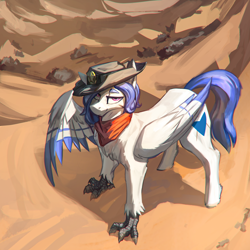 Size: 2000x2000 | Tagged: safe, artist:nsilverdraws, oc, oc only, oc:delta dart, hippogriff, badge, bandana, cowboy hat, desert, hat, hat tip, male, no source available, ranger, smirk, solo, talons, wings