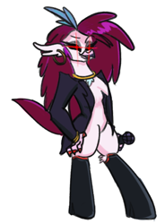 Size: 436x593 | Tagged: safe, artist:dinexistente, derpibooru import, queen novo, undead, unguligrade anthro, vampire, my little pony: the movie, ear piercing, earring, female, friday night funkin', glowing eyes, jewelry, microphone, piercing, red eyes, simple background, singing, solo, white background