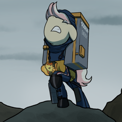 Size: 1000x1000 | Tagged: safe, artist:triplesevens, oc, oc only, oc:cornetto, oc:white shield, pony, crate, crossover, death stranding, outdoors, ponified