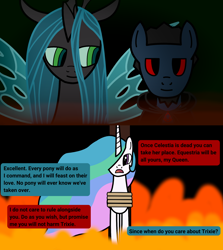 Size: 1920x2154 | Tagged: safe, artist:manerg, ponybooru exclusive, princess celestia, queen chrysalis, oc, oc:manerg, alicorn, changeling, changeling queen, earth pony, pony, burned at the stake, female, fire, male, murder, stallion