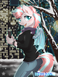 Size: 1200x1600 | Tagged: safe, artist:tokokami, oc, oc only, oc:wild thing, anthro, bat pony, anthro oc, bat pony oc, blushing, cellphone, christmas, city, clothes, female, holiday, jeans, looking at you, mare, open mouth, outdoors, pants, phone, scarf, smartphone, smiling, solo, sweater, winter