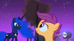 Size: 1280x720 | Tagged: safe, screencap, princess luna, scootaloo, alicorn, pegasus, pony, sleepless in ponyville, crown, dream, duo, duo female, female, filly, horn, hub logo, jewelry, looking up, mare, night, regalia, wings