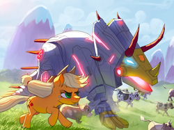 Size: 2000x1499 | Tagged: safe, artist:raikoh, applejack, cow, earth pony, pony, robot, cowboy hat, crossover, freckles, hat, herding, stetson, transformers