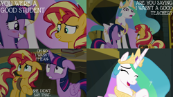 Size: 2000x1125 | Tagged: safe, derpibooru import, edit, edited screencap, editor:quoterific, screencap, princess celestia, sunset shimmer, twilight sparkle, twilight sparkle (alicorn), alicorn, pony, unicorn, better together, equestria girls, forgotten friendship, angry, bag, blushing, butt, laughing, nervous, open mouth, plot, saddle bag