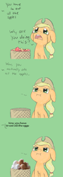 Size: 715x2007 | Tagged: safe, artist:happy harvey, derpibooru import, edit, applejack, earth pony, pony, :i, angry, apple, applejack's hat, basket, chest fluff, cowboy hat, crying, cute, dialogue, ears, egg, floppy ears, food, fuck you i can eat all these apples, glare, green background, hat, jackabetes, looking up, madorable, meme, offscreen character, open mouth, out of character, raised eyebrow, simple background, solo, you have to eat all the eggs